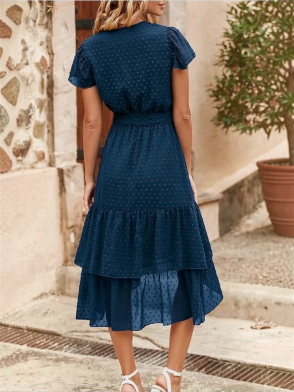 BTFBM Blue Swiss Dot Faux Wrap Midi Dress Ruffle High Low Neck Snap L Like New - Picture 3 of 8